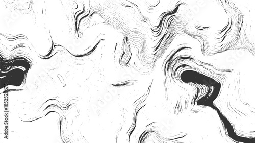 Black and white abstract swirling lines texture with dark ink blobs