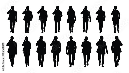 a collection of diverse people in business attire walking and talking on phones silhouette