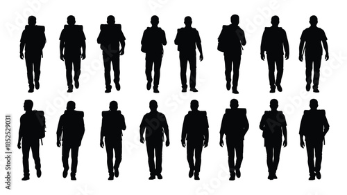 A group of people walking forward depicted in a stark black and white silhouette