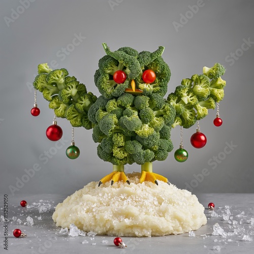 Owl sculpture made of fresh green broccoli and vegetables with Christmas ornaments.