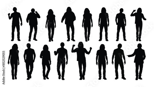 Diverse group of people in various poses depicted as a dark striking silhouette