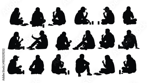 Diverse group of people in various seated and meditative poses black silhouette