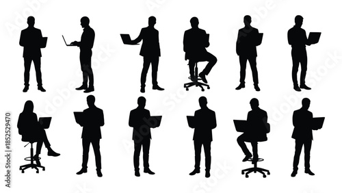 Diverse group of people in various poses shown as a striking black silhouette