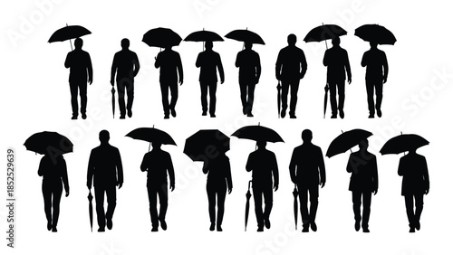 a line of people holding umbrellas depicted in a dark and striking silhouette