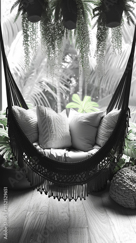Minimalist Cozy Hammock Lounging Area with Indoor Plants in Chic Design for Home Decor and Relaxation