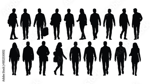 A collection of diverse people in various walking poses depicted as a striking silhouette