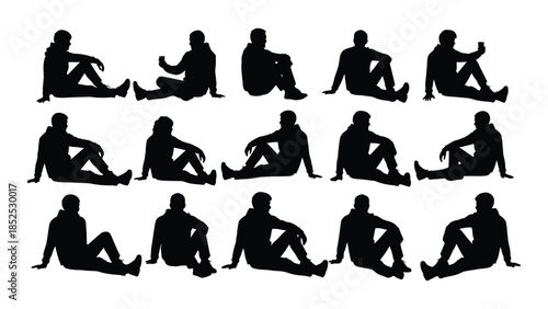 A collection of human figures depicted in various seated and reclining poses silhouette