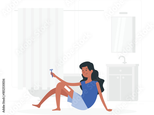 Woman sitting on bathroom floor with crutch injury