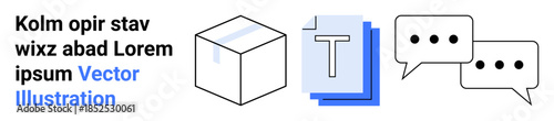 Communication, collaboration, digital tools, text editing, messaging, conceptual design. A cube, layered text documents and chat bubbles. Communication and collaboration tools concept