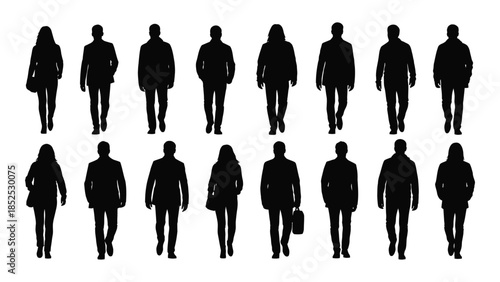 Diverse group of people standing together showcasing a variety of poses and attire silhouette