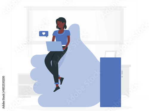Woman sitting on large hand with laptop and suitcase blue shirt de