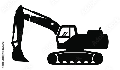 A black and white silhouette depicts a heavy duty excavator machine showcasing its powerful arm and tracks clearly high quality professional