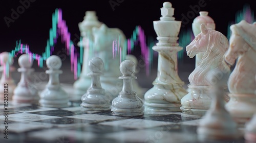 Marble white chess king dominates the board near vibrant glowing.