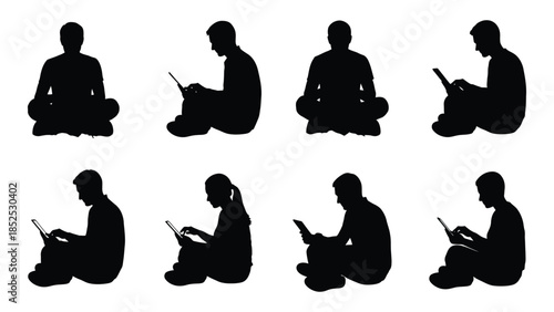 Diverse poses of people seated and reading depicted as a striking black silhouette