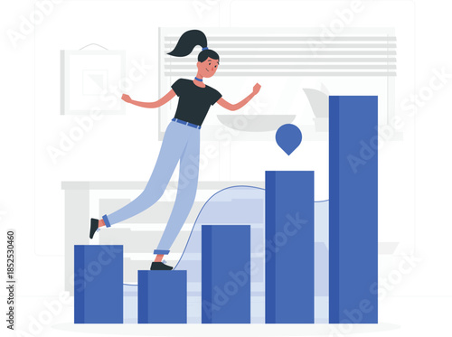 Woman stepping on blue bar graph in office black de