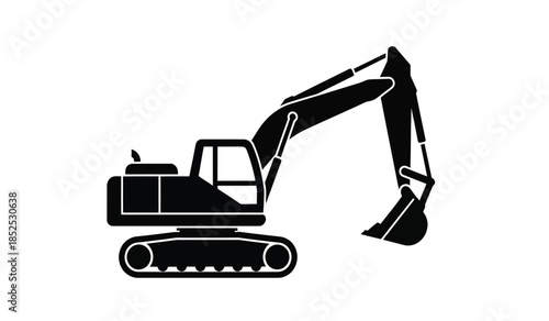 A simple black and white silhouette depicting a heavy duty excavator machine on tracks a common tool for construction and digging