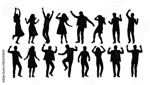 A collection of joyful people in various celebratory poses depicted as a striking silhouette