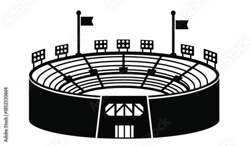 a detailed black and white illustration depicts an empty stadium with tiered seating and a prominent track field below it