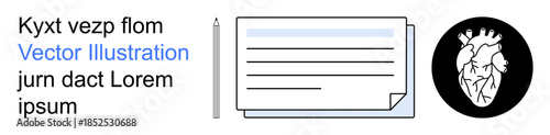 Healthcare, anatomy studies, education, documentation, science, research. Stylized heart icon next to notes and a pen. Healthcare and anatomy studies concept
