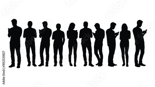 A row of black silhouettes depicting people in various casual poses standing together silhouette