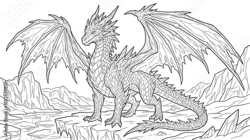 A detailed line drawing of a dragon standing on a rocky outcrop with mountains in the background and a white background.