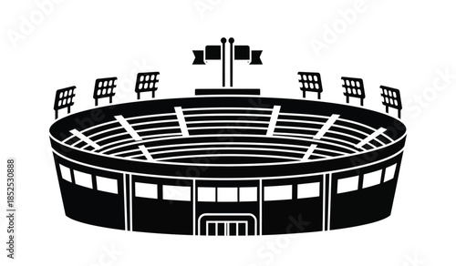 a minimalist black and white illustration depicts an empty stadium with tiered seating and flags on top high quality professional detailed