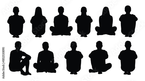 Diverse group of people in various seated poses a striking black silhouette