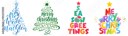 Christmas Tree Typography Set. Merry Christmas, Season Greetings, Frohe Weihnachten.