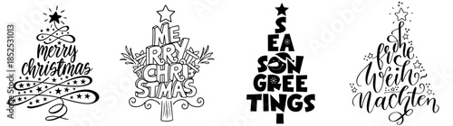 Christmas Tree Quote Typography Set with Holiday Lettering Phrases – Merry Christmas, Season Greetings, Frohe Weihnachten Decorative Tree