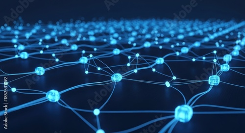 Abstract Network of Glowing Blue Spheres Connected by Lines.