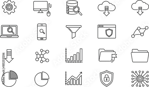 Technology and Data Analytics Line Icons Set Featuring Cloud Computing, Security, Database, Charts, Network, Monitoring and Digital System Management Symbols