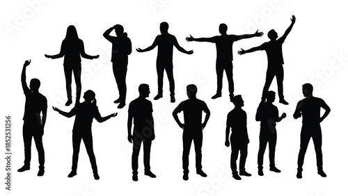 A group of people with arms raised in various poses depicted as a dark silhouette