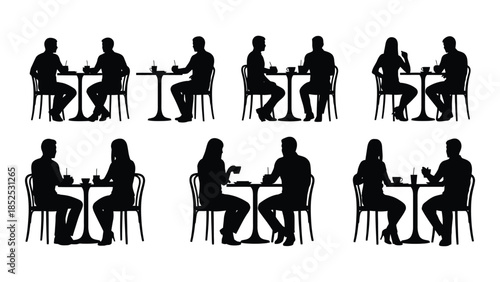 People dining at tables enjoying meals together in a minimalistic dark silhouette