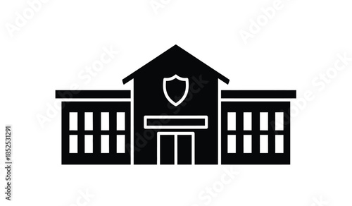 A simple black and white icon depicts a building with a shield emblem centered above the entrance symbolizing protection and security