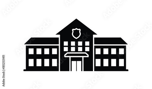 A simple black and white silhouette of a building with multiple windows and a decorative shield above the entrance is shown