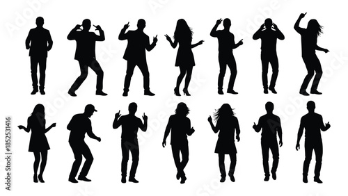 Diverse group of people in various dynamic poses captured in a striking black silhouette