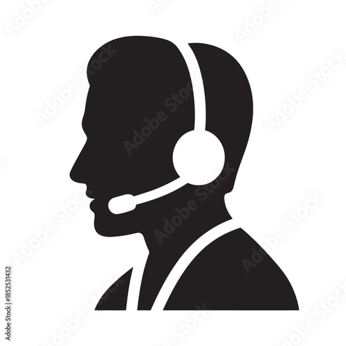 Customer service representative silhouette in minimalist style with simple black and white color scheme on isolated white background for call center