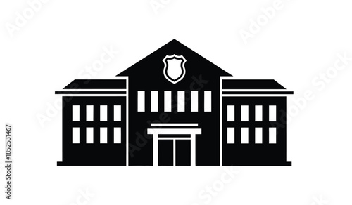 A simplified black and white illustration depicts a classic courthouse building with symmetrical windows and a prominent shield above the entrance