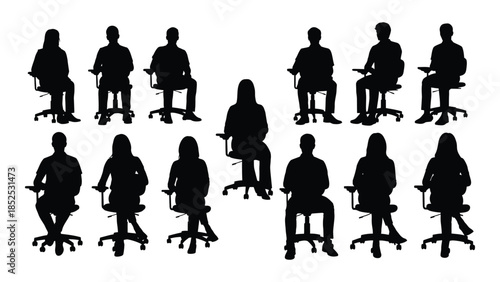 A collection of office chairs depicted in dark silhouettes arranged in a grid pattern silhouette