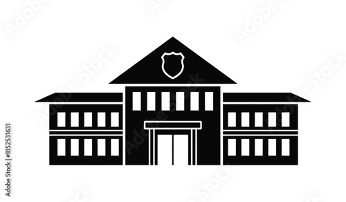 A simple black and white illustration depicts a classic symmetrical building facade with a shield emblem above the entrance high quality