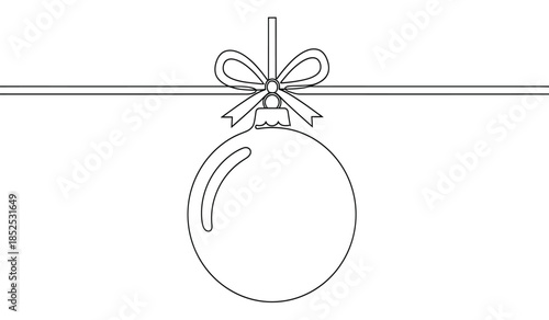 A simple black and white line drawing showcases a hanging christmas ornament with a ribbon bow above it festive high quality