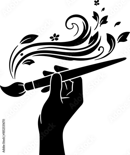 Creative Flow Unleashed: Silhouette Vector of a Hand Holding a Paintbrush, Drawing Elegant, Organic Swirls, Leaves, and Flowers – Perfect Symbol of Art and Nature's Harmony.