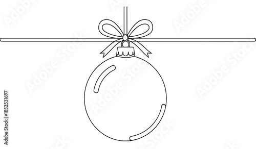 a simple black and white line drawing showcases a festive christmas ornament with a ribbon hanging delicately from a thin cord