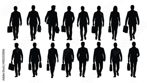 A collection of black silhouettes depicting business people walking with briefcases silhouette