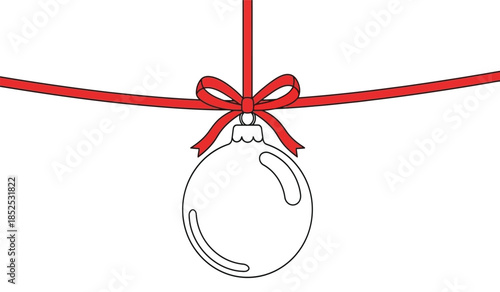 A simple illustration depicts a red ribbon tied into a bow with a dangling clear ornament signifying festive cheer and holiday decorations