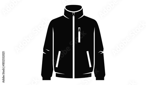 A stark black and white illustration depicts a classic zip up jacket with a high collar and visible pocket details presented on a plain