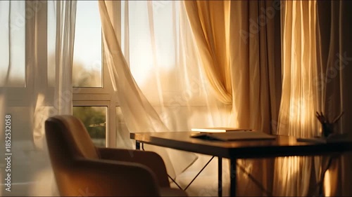 Golden Hour Sunlight through Breezy Curtains onto an Empty Desk.