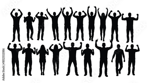 A group of people raising their arms in celebration dynamic poses black and white silhouette