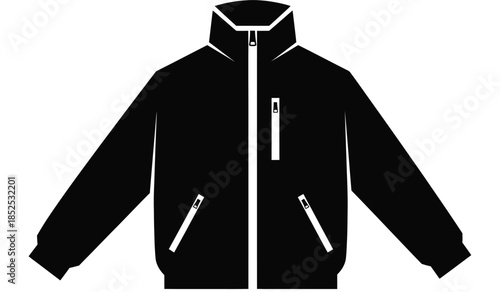 A simple black jacket illustration features a front zipper two hand pockets and a ribbed collar and cuffs design high quality