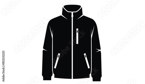 A stark black and white illustration showcasing a classic zip up jacket with a high collar and visible pockets presented on a clean background